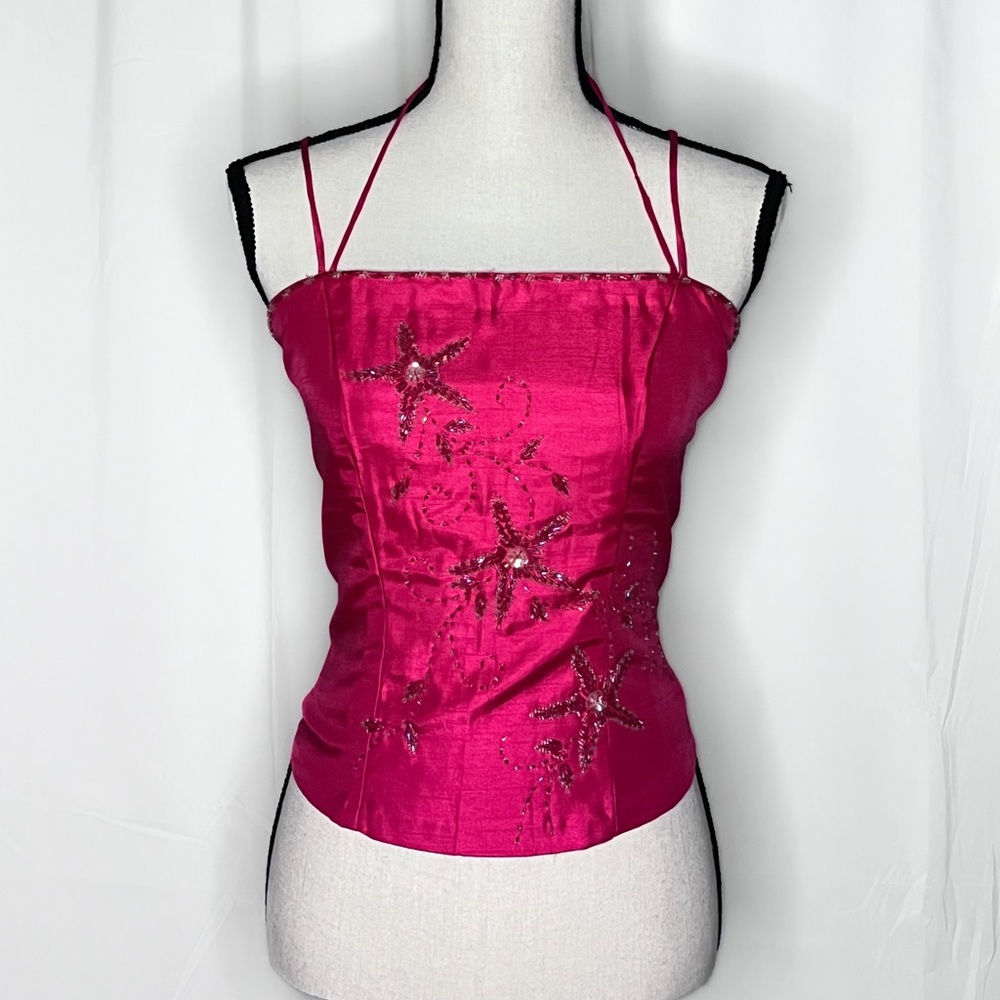 Pink Halter Beaded Embroidered Crop Top